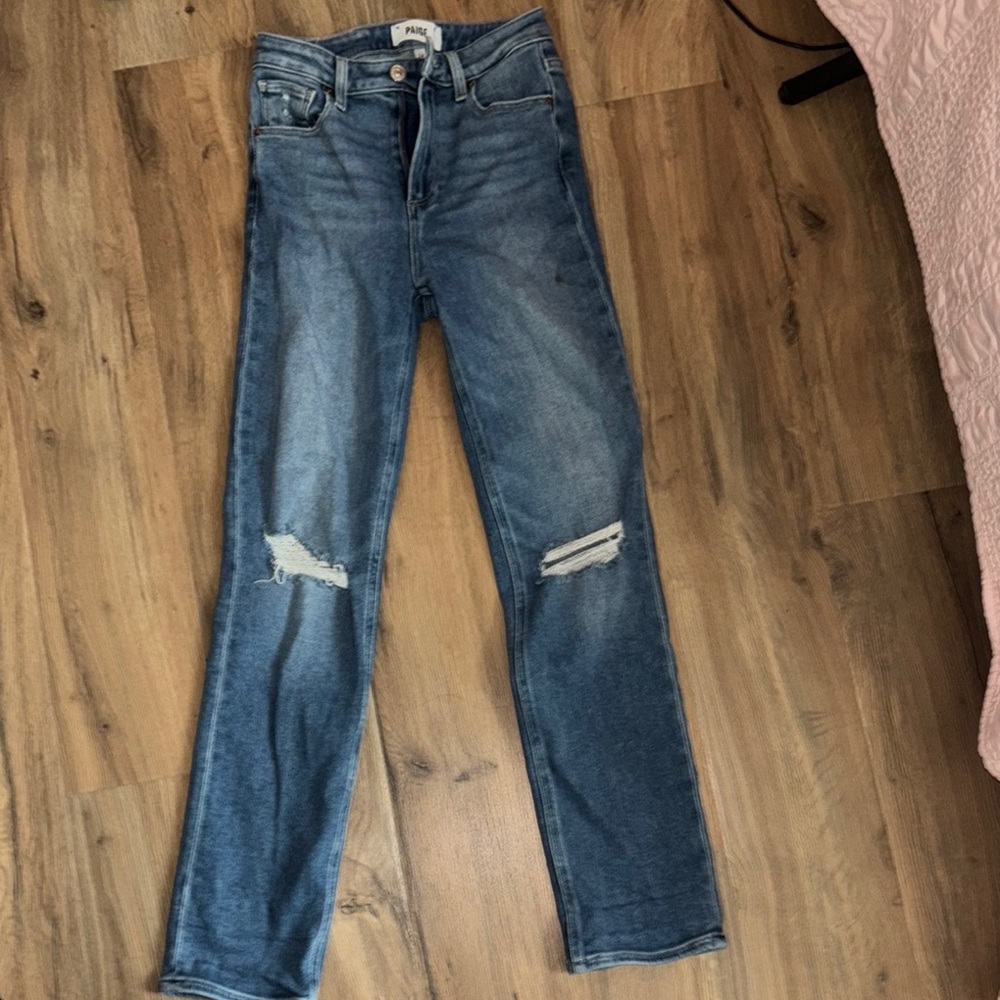 PAIGE Blue Straight Leg Jeans with Modern Distressing
